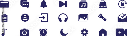 Premium blue icons set. Music, bell, play, video, blue icons silhouette
