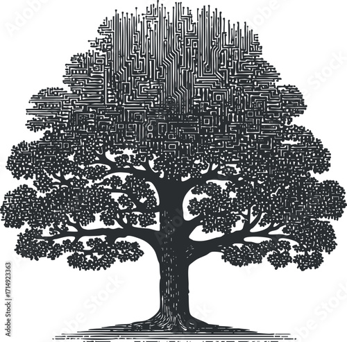 An artistic representation of a tree with a circuit board pattern integrating nature and technology.