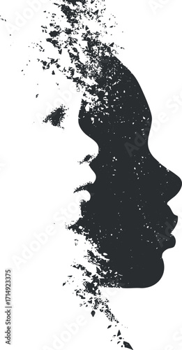 Abstract black and white silhouette of a female profile with artistic double exposure effect.