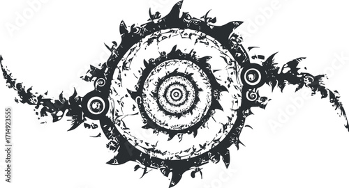 A creative black and white abstract spiral design featuring intricate patterns and unique shapes.