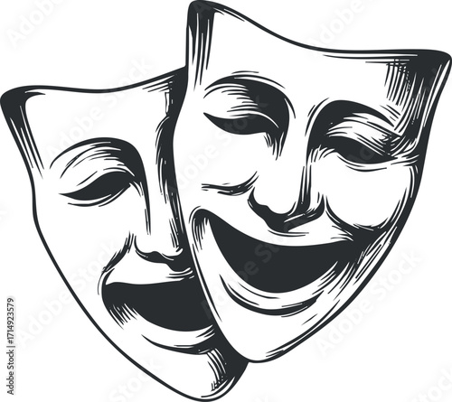 Illustration of theater masks representing comedy and tragedy, symbols of performing arts.