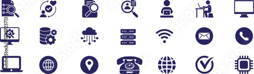 Internet and technology icons set. Computer, internet, call, globe, telephone, blue icons silhouette