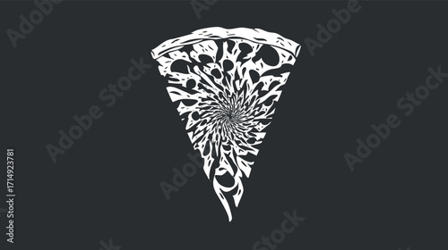 Abstract illustration of a pizza slice with a swirling pattern in black and white.