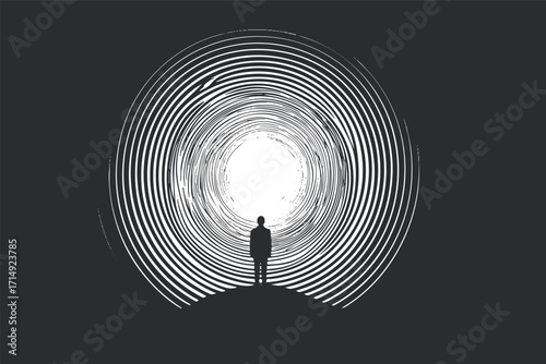 A silhouette of a figure standing in front of a spiraling light tunnel symbolizing hope and exploration.