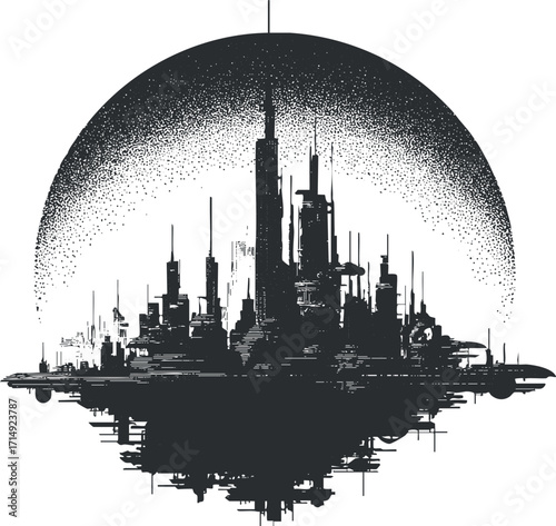 Futuristic city skyline silhouette in black and white with abstract design elements.