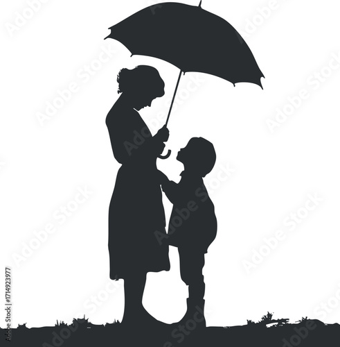 A silhouette of a mother and child sharing an umbrella, depicting love and protection.