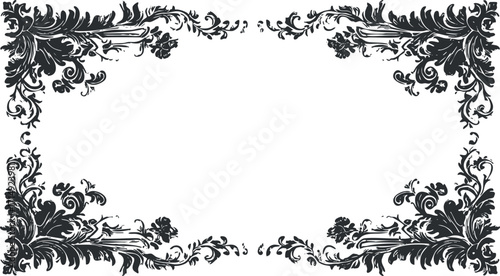 An elegant ornate floral border design featuring intricate patterns in black on a white background.
