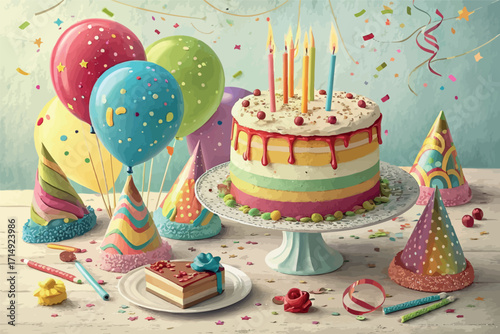 Isometric Birthday Party Illustration with Cake, Balloons, and Confetti