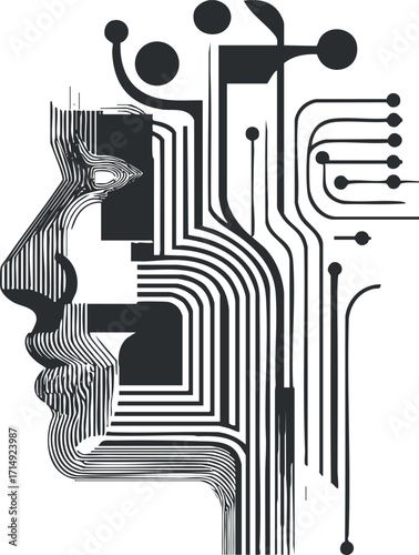 An abstract illustration of a human face composed of circuit-like lines and patterns.