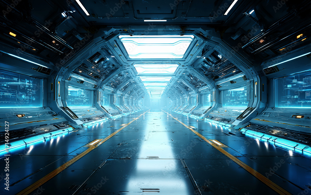 Obraz premium Futuristic Sci - Fi Spaceship Corridor with High - Tech Elements