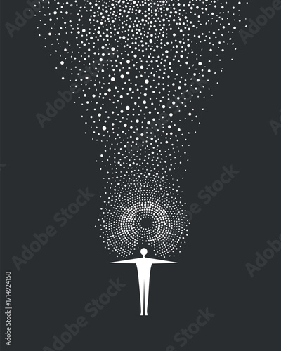 An abstract illustration of a person surrounded by a burst of dots representing energy and inspiration.