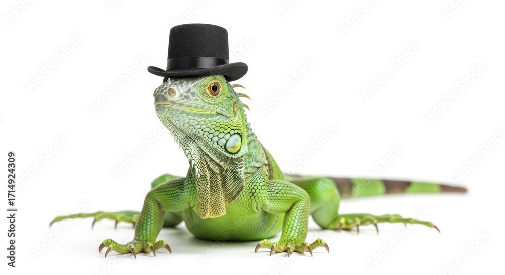 Fototapeta premium iguana wearing a top hat, formal attire, on a solid white background
