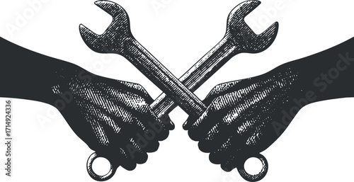 A vintage illustration of two hands holding crossed wrenches symbolizing teamwork and repair.