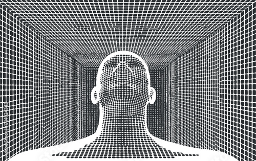 A digital abstract representation of a human head within a grid-like environment.