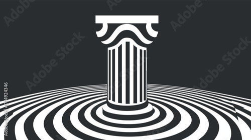 A striking black and white illustration of a classical column surrounded by concentric circular patterns.