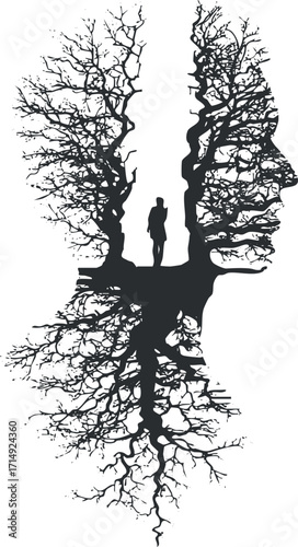 A conceptual silhouette of a man amidst tree roots and branches, symbolizing nature and identity.