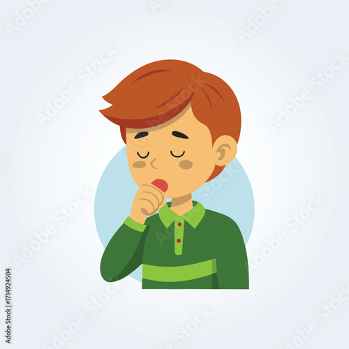 A character illustration of a boy coughing with brown hair