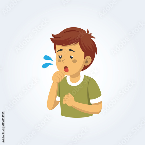 A character illustration of a boy coughing with a green shirt