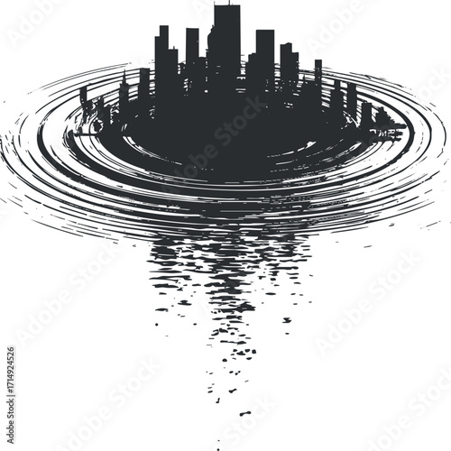 Abstract illustration of a city skyline reflected in water with ripples creating a dynamic effect.
