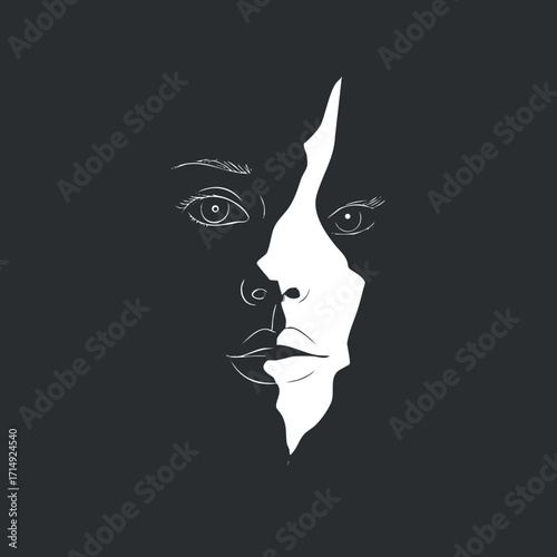 An abstract illustration of two contrasting faces in monochrome style emphasizing emotion and identity.