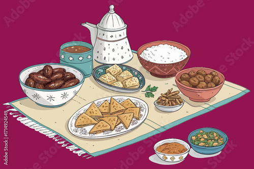 Isometric Traditional Meal Spread Illustration with Bowls, Plates, and Teapot