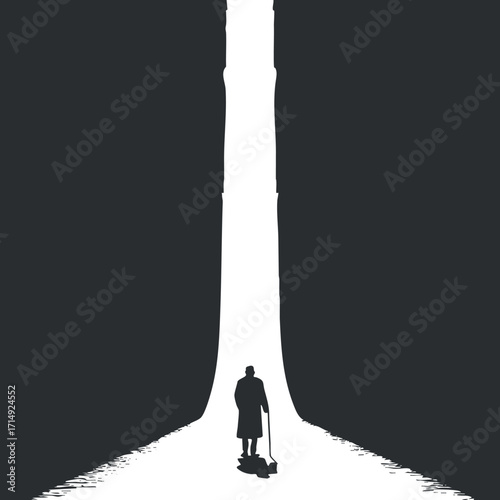 A solitary figure stands at the end of a bright pathway, symbolizing a journey from darkness to light.