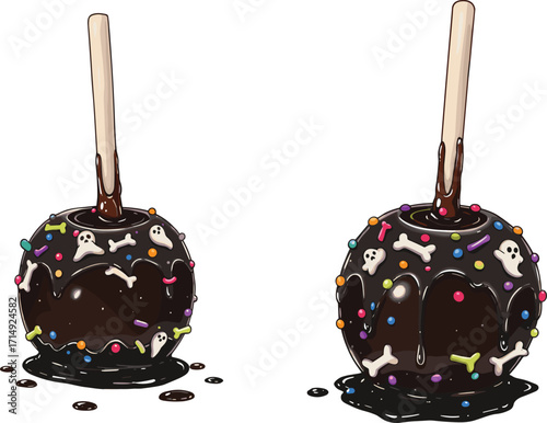 Halloween chocolate candy apples with spooky ghost and bone sprinkles, dripping caramel, festive holiday dessert illustration, creepy sweet treat decoration concept