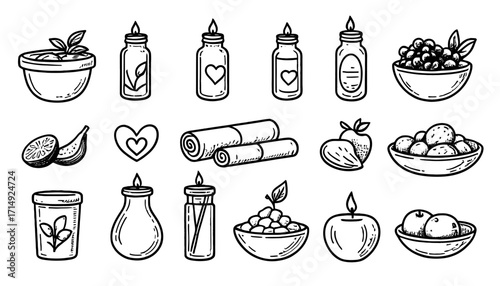 Discover serene spa essentials and natural wellness icons including soothing candles, fresh fruits, aromatic oils, and calming massage towels, perfect for holistic health and beauty branding.
