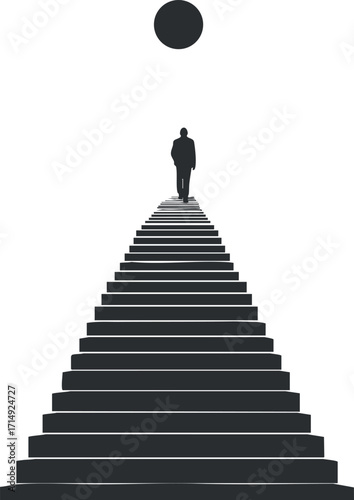 A silhouette of a person walking up a staircase under a circular light symbolizing ambition and growth.