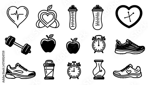 Embrace a vibrant healthy lifestyle with icons representing fitness, nutrition, and time management, perfect for wellness apps and promotional materials