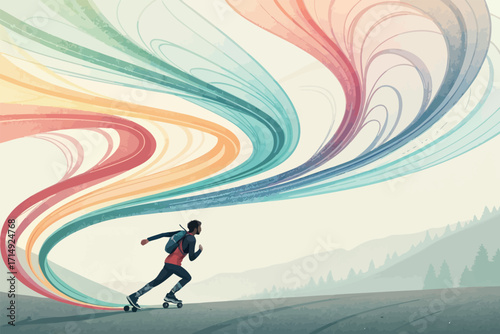 Isometric Roller Skater Illustration with Rainbow Trail and Mountain Backdrop