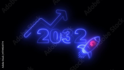 Wallpaper Mural Blue neon 2032 year with upward arrow graph and rocket ship icon on black background new year Torontodigital.ca