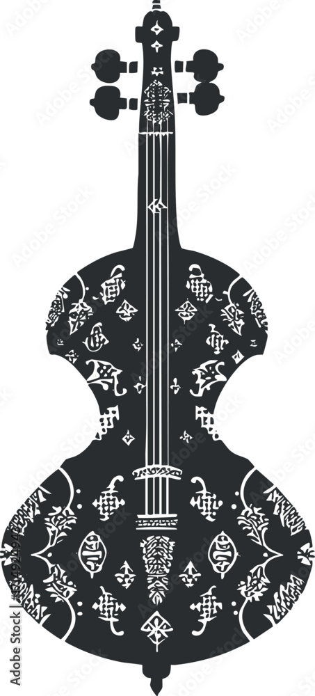 Fototapeta premium Artistic illustration of a violin featuring intricate patterns and musical motifs in black and white.