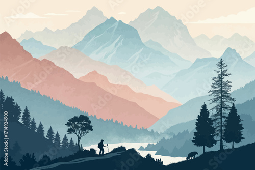 Isometric Serene Landscape Illustration with Lone Hiker and Rolling Mountains