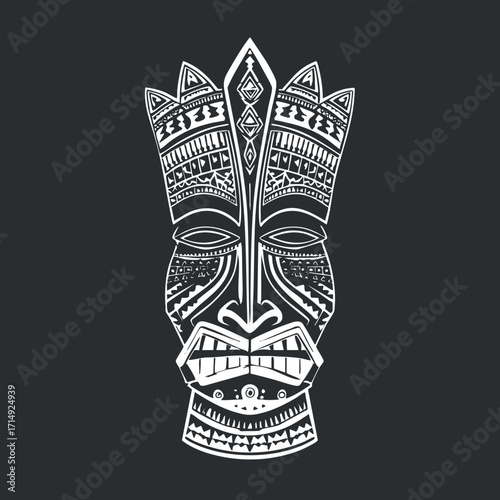 Intricate tribal mask design featuring detailed patterns and cultural symbolism in black and white.