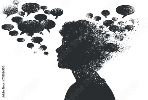 Silhouette of a person with abstract thought bubbles representing communication and imagination.