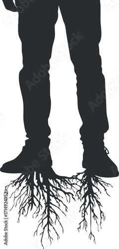 A silhouette of a person with roots, symbolizing connection to nature and personal growth.