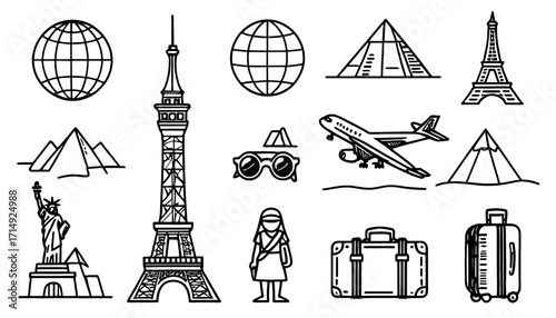 Explore the world with iconic landmarks, globes, luggage, and an airplane, capturing the spirit of adventure and global travel in a clean, modern style perfect for any travel-themed project.