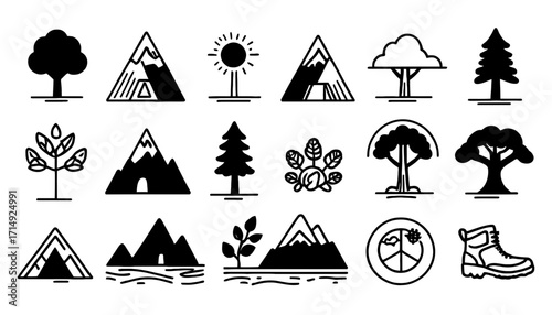 Inspiring collection of natural elements featuring diverse trees, majestic mountains with tents and sun, and a hiking boot symbolizing adventure and exploration