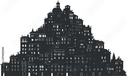 A detailed silhouette of a city skyline featuring various buildings stacked on a hill.