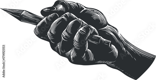 A vintage illustration of a hand gripping a pen, symbolizing creativity and artistic expression.