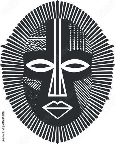 A decorative African tribal mask featuring intricate patterns and a striking black and white design.
