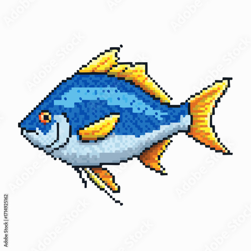 A vector Pixel illustration of a colorful exotic tropical fish swimming in the blue sea