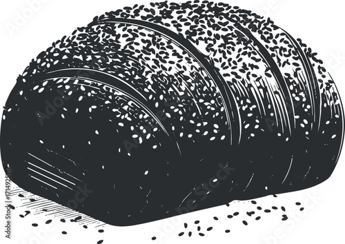 Illustration of a sesame seed loaf of bread with a textured crust and detailed design.