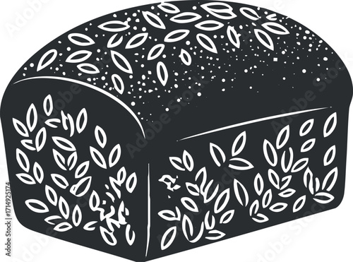 A stylish illustration of a loaf of bread with seeds and detailed design elements.