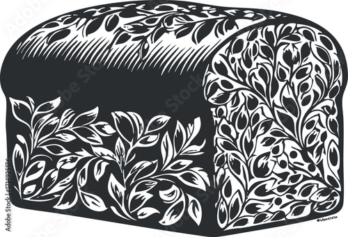 A beautifully illustrated loaf of bread adorned with intricate leaf patterns in black and white.