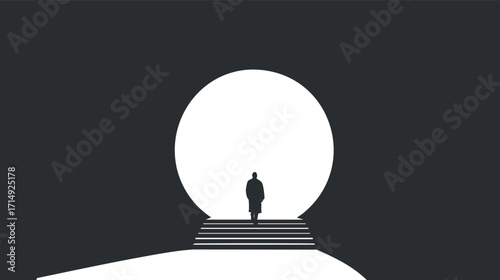 A silhouette of a figure standing before a large moon-like orb on steps.