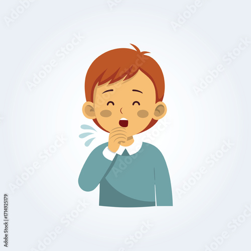 A character illustration of a boy coughing with a blue shirt