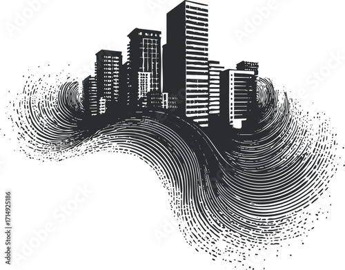 An abstract illustration of a city skyline created with dynamic lines and patterns.