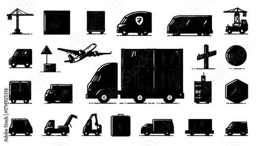 Dynamic collection of transport and logistics icons featuring trucks, vans, airplanes, cranes, and shipping containers for modern business and delivery services